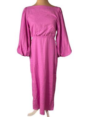 NWT Ann Taylor Linen Blend Puff Sleeve Midi Dress Size 4 Pink Cut Out Sides Midi